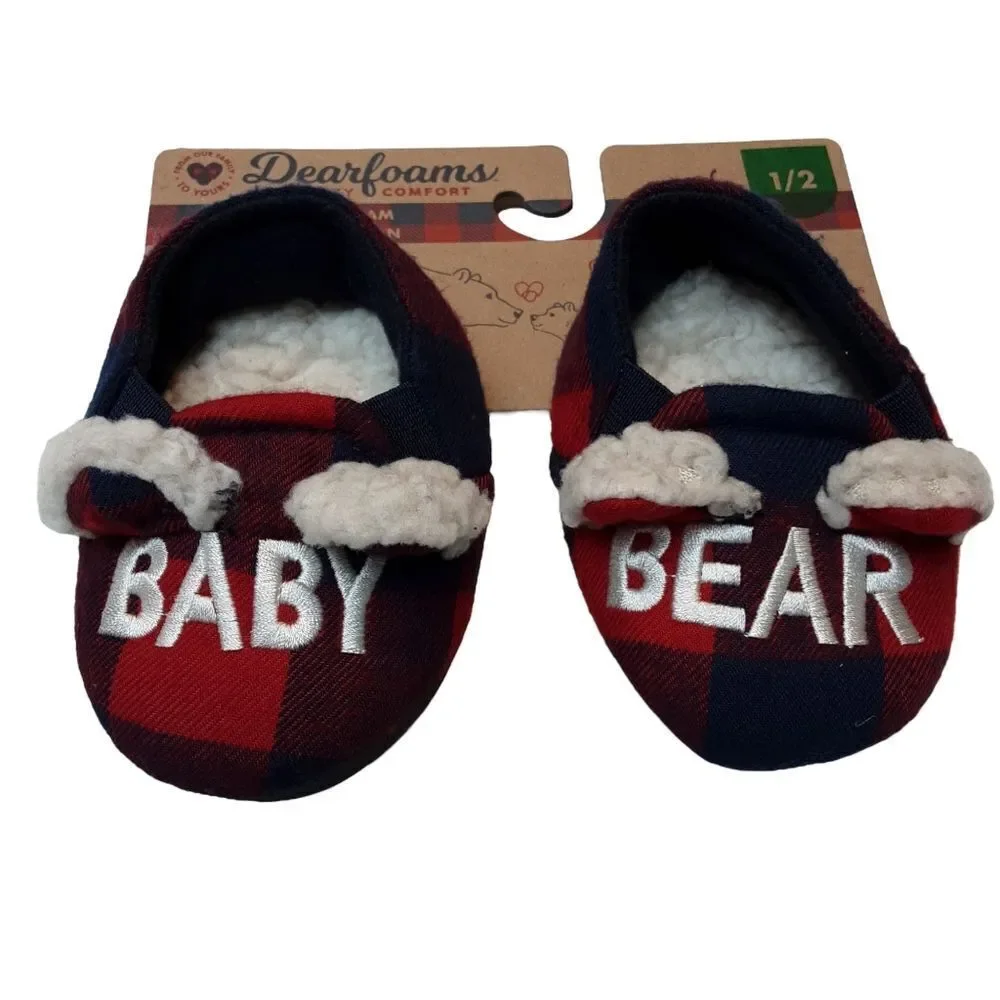 Dearfoams Slippers Infant Cozy Baby Bear Boots‎ Navy Red Plaid sz 1-2 New